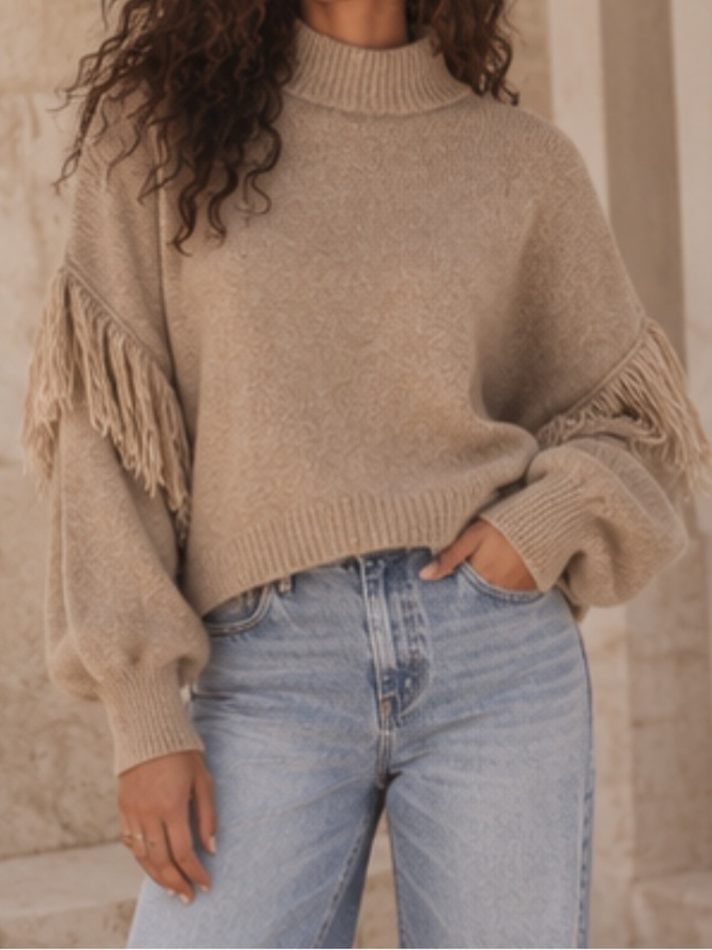 Fringe Detail Turtleneck Sweater - Taupe